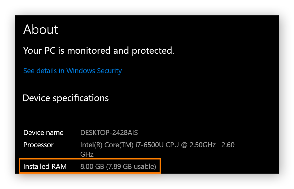 Eine Ansicht der Gerätespezifikationen, wobei der installierte RAM hervorgehoben ist: 8,00 GB.