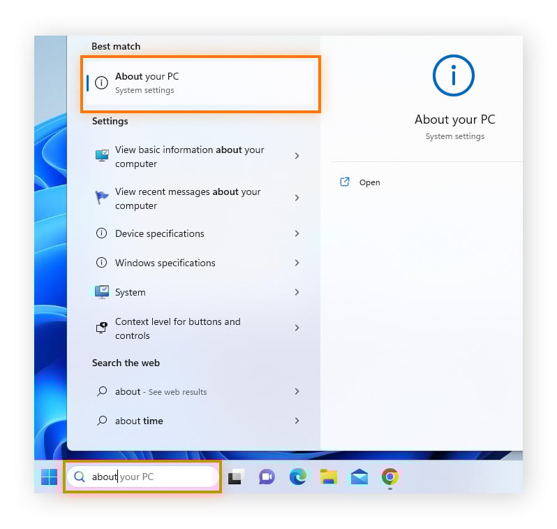 Para saber cuánta RAM tiene en Windows 11, escriba Acerca de su PC en el cuadro de búsqueda y ábralo.