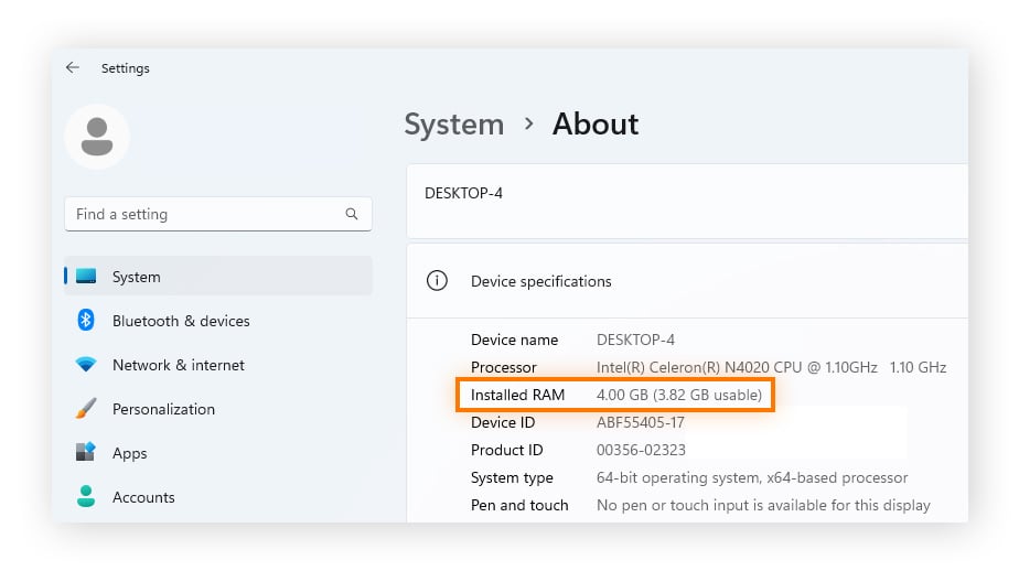 Los detalles de la RAM se encuentran en la sección Especificaciones del dispositivo junto a RAM instalada.