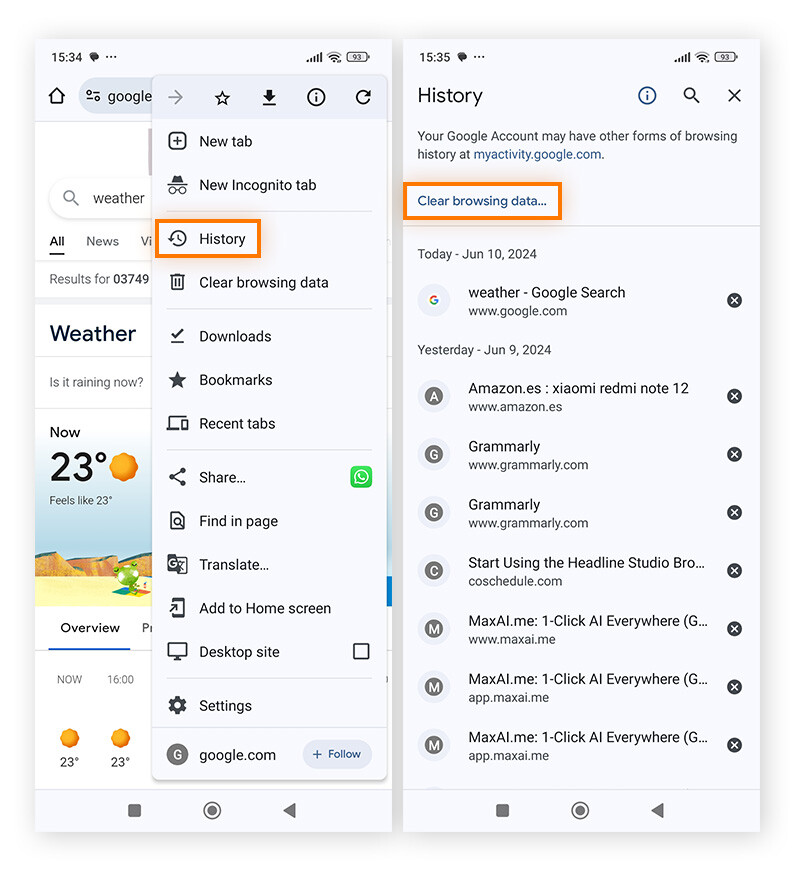 Cleaning Android phone browsing history in Chrome.