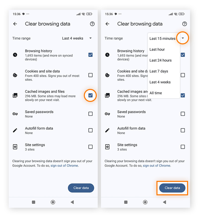 Check the box next to Cached images and files and Browsing history, and choose Clear data to clean phone browsing history.