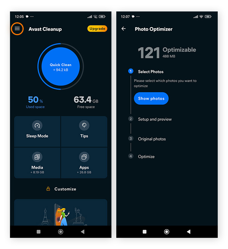 Cleaning an Android phone using a phone space cleaner app.