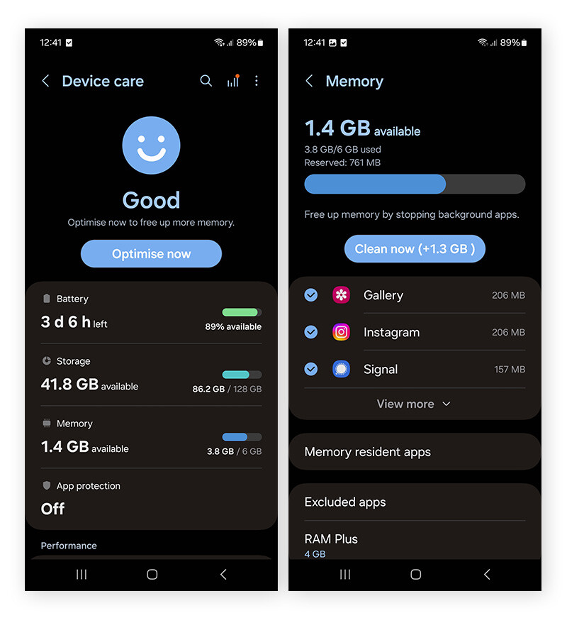 Vaya a la sección Mantenimiento del dispositivo en su teléfono Android para comprobar el espacio de almacenamiento y el uso de la memoria