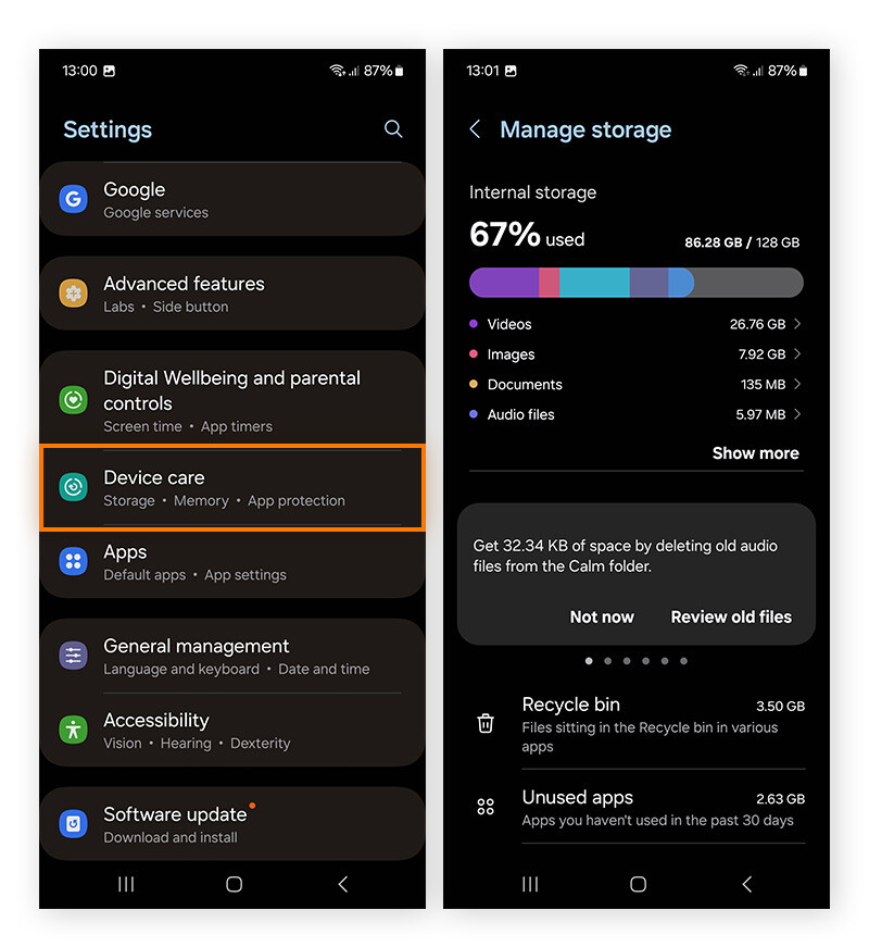 Vaya a Mantenimiento del dispositivo para revisar el espacio de almacenamiento en su teléfono Android