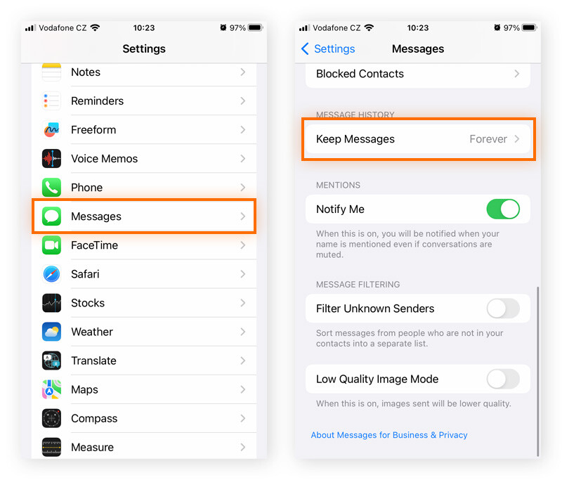Para eliminar mensajes antiguos de iMessage, acceda a Ajustes, Mensajes, Historial de mensajes y Conservar mensajes.