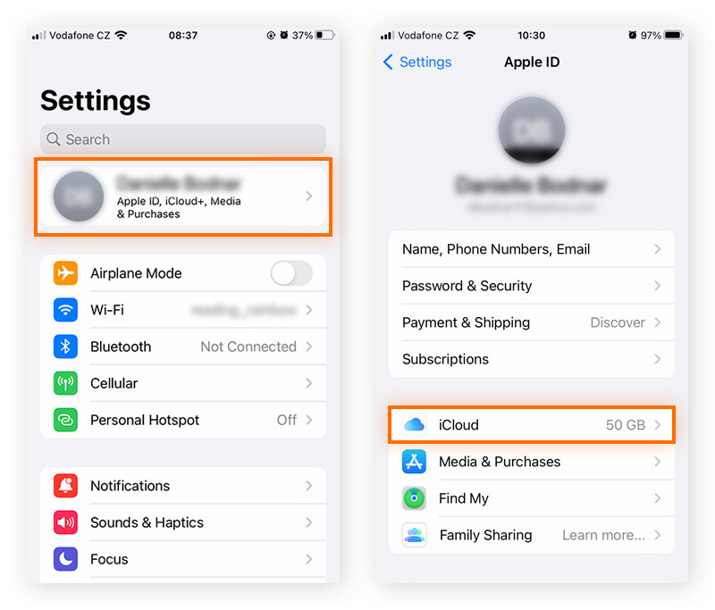 Captura de la pantalla del menú Ajustes del iPhone con la información resaltada de la cuenta y de iCloud.