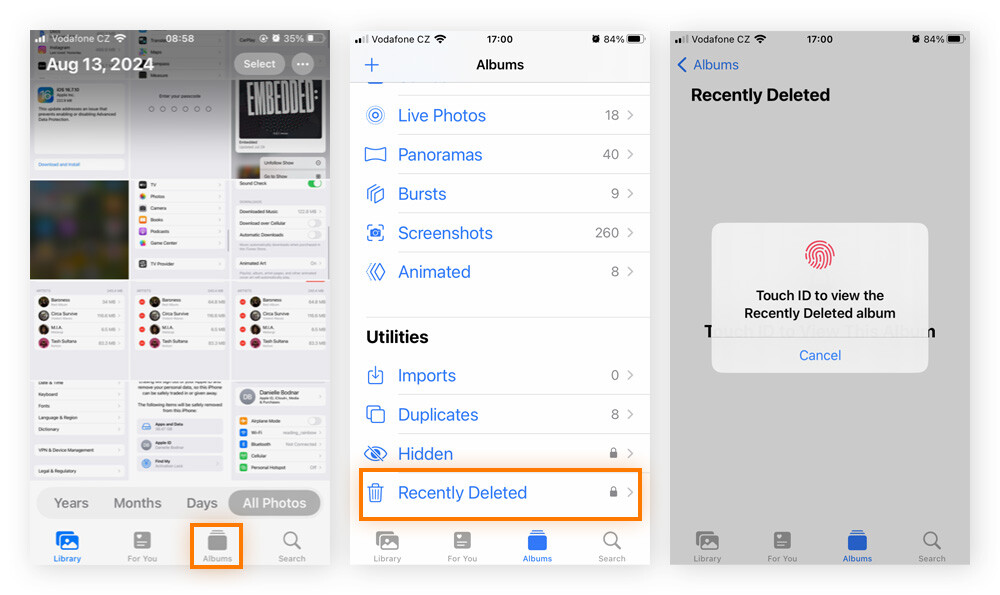 Acceso a la carpeta Eliminados de la aplicación Fotos de iOS.