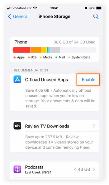 Captura de la pantalla Almacenamiento del iPhone.
