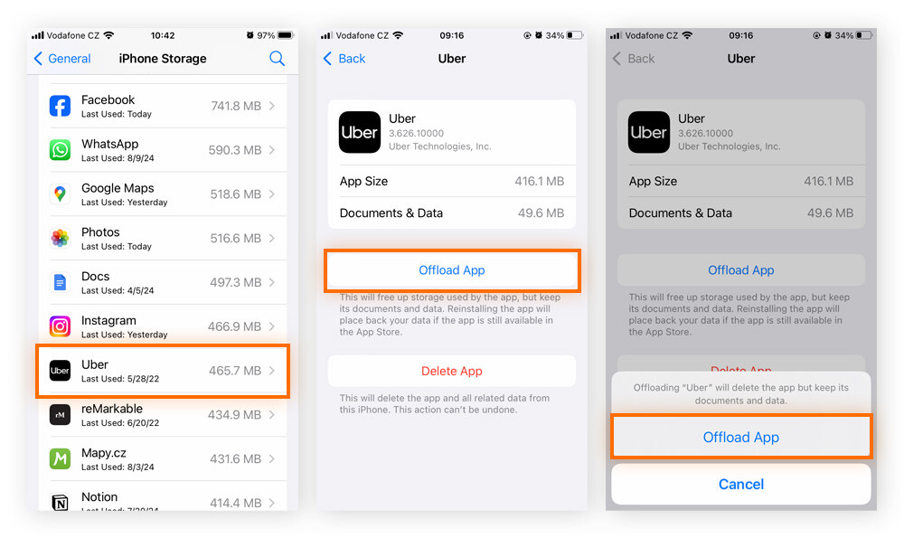 Desinstalación de una aplicación del iPhone para liberar espacio de almacenamiento.