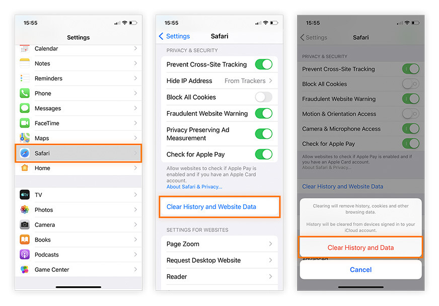 Capturas de pantalla sobre los pasos para eliminar el historial y los datos de sitios web del iPhone.