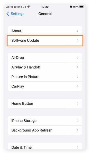 Captura de pantalla del menú General del iPhone con la opción Actualización de software destacada.