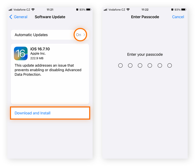 Captura de la pantalla Actualización de software del iPhone con la opción Descargar e instalar resaltada.