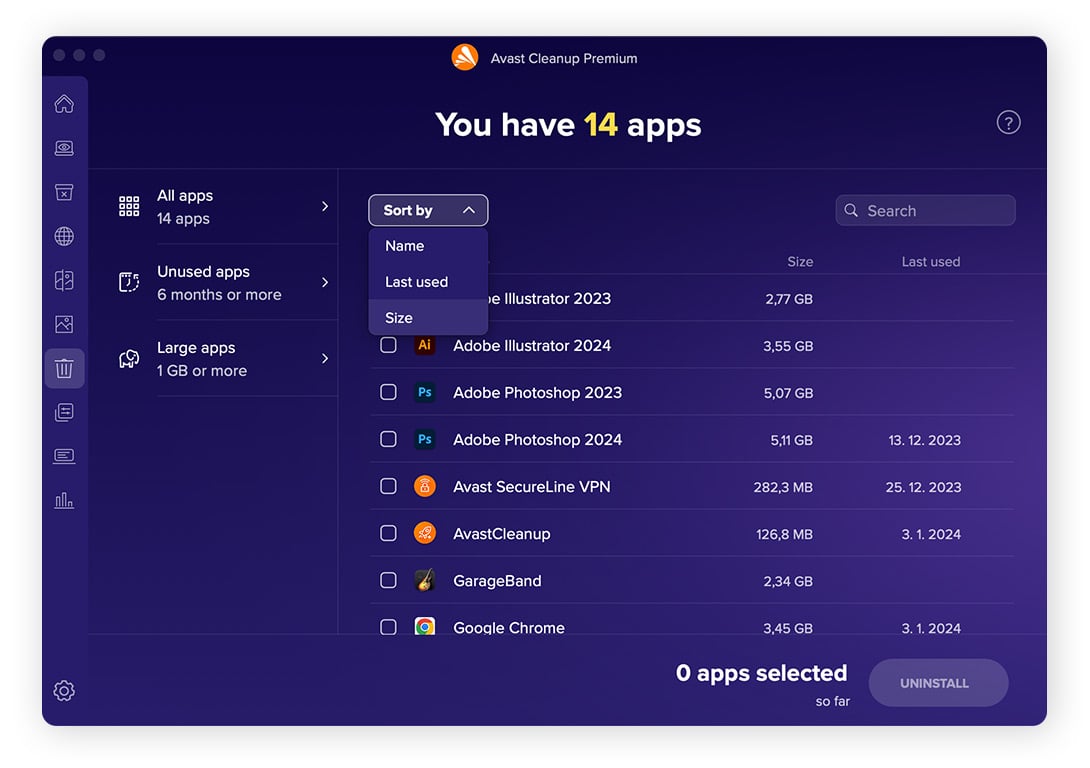 Using Avast Cleanup for Mac to filter apps.