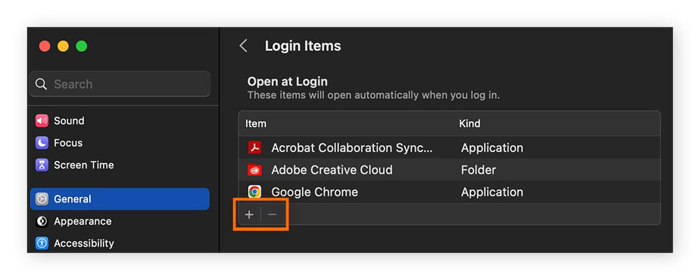 The Login Items window in mac OS, reviewing a list of Login Items
