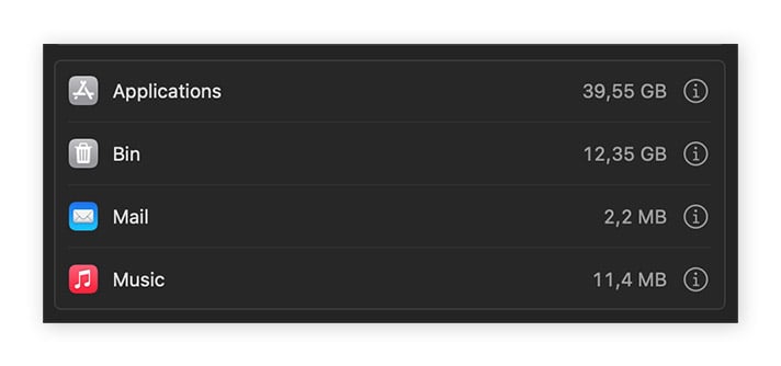 File categories in macOS storage window
