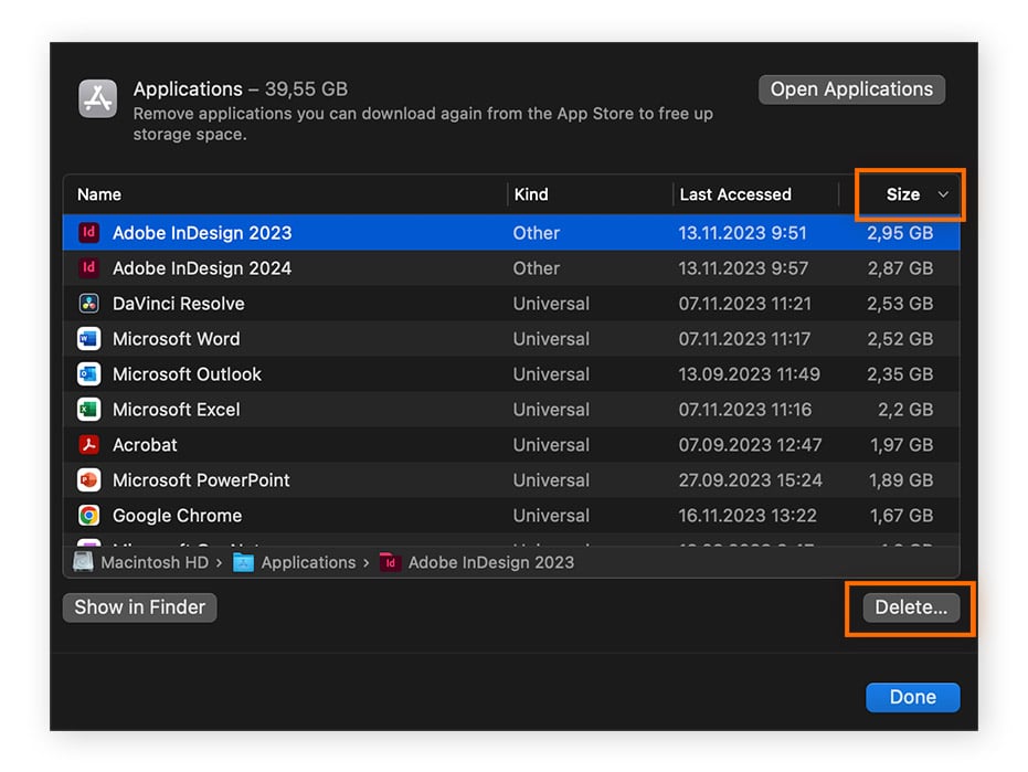 Reviewing a list of applications in macOS storage window.