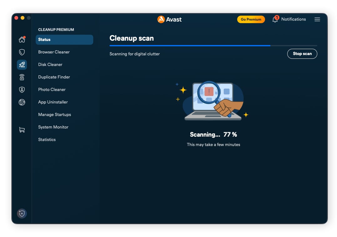 Running a Cleanup scan in the Avast One for Mac app.