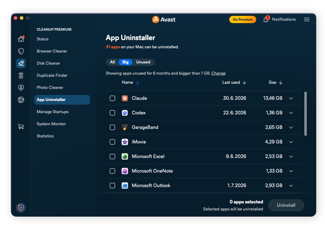 Using Avast Cleanup for Mac to filter apps.