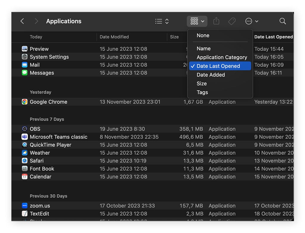 Applications folder in macOS filtered by Date Last Opened.