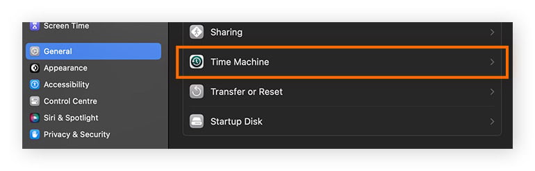 macOS General menu, highlighting Time Machine.