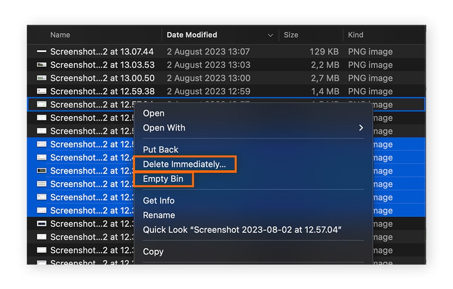 Deleting multiple items in macOS Bin.
