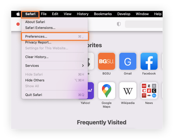 Safari mit hervorgehobener Option „Einstellungen“