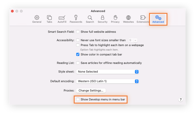 The Advanced tab and Show Develop menu in menu bar are highlighted