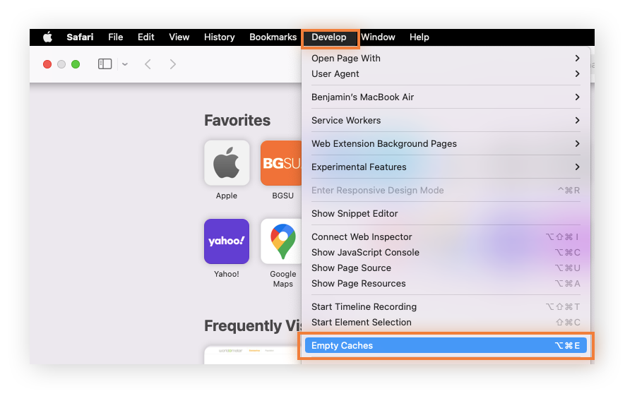 Develop and Empty Caches are highlighted