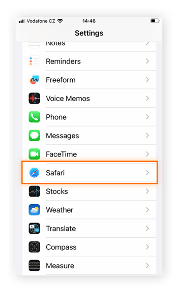 Einstellungen mit hervorgehobener Option „Safari“