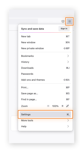 The Menu icon (three horizontal lines) is highlighted, as is Settings