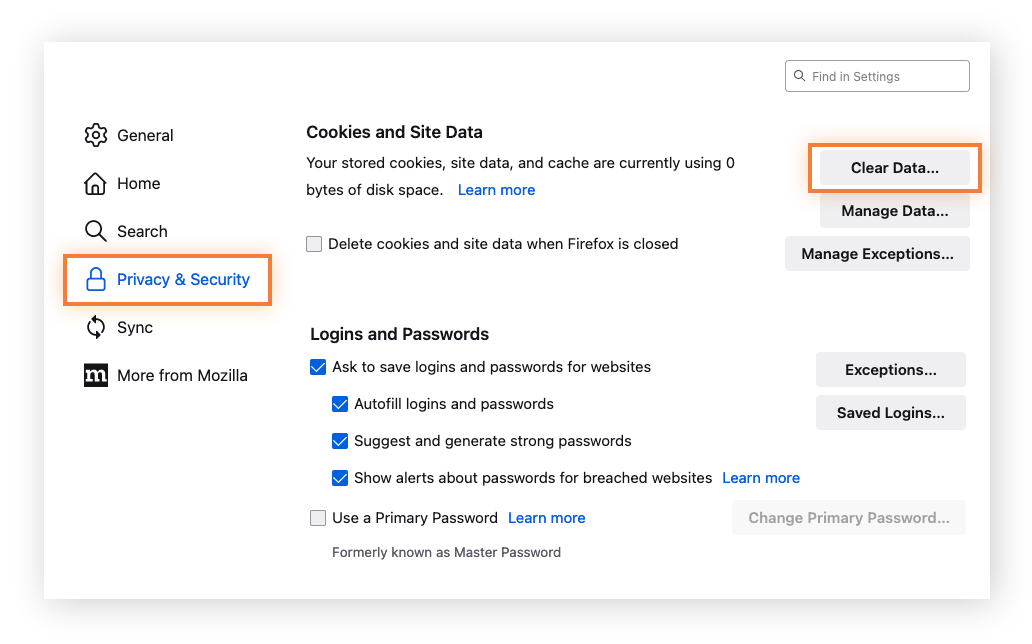 Privacy & Security is highlighted, as is Clear Data