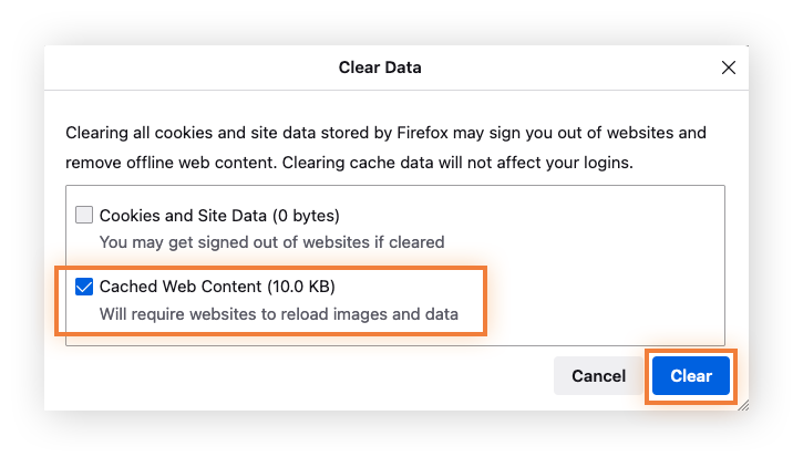 Das Kontrollkästchen neben „Zwischengespeicherte Webinhalte/Cache“ ist aktiviert und die Schaltfläche „Leeren“ ist hervorgehoben