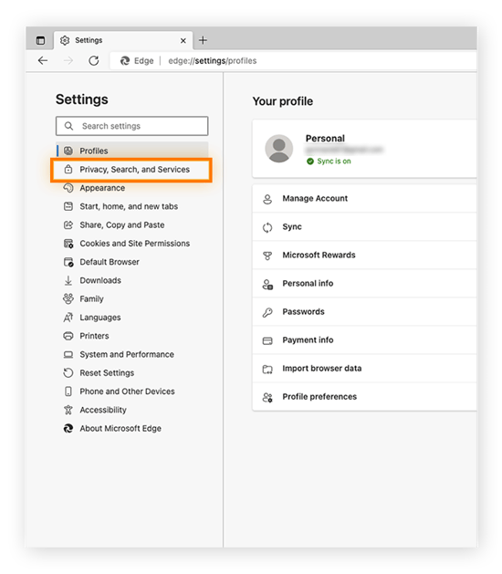 Die Option „Datenschutz, Suche und Dienste“ ist hervorgehoben