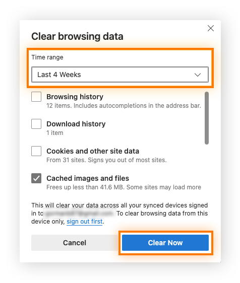 Das Dropdown-Menü für den Zeitbereich ist markiert, das Kontrollkästchen „Zwischengespeicherte Bilder und Dateien“ ist aktiviert, und das Feld „Jetzt löschen“ ist hervorgehoben