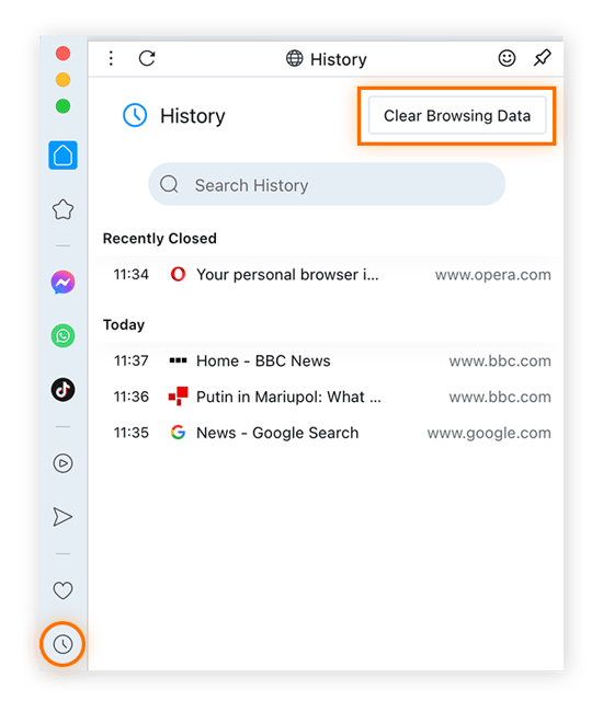 Das Verlaufssymbol (Uhr) und die Option „Browserdaten löschen“ sind hervorgehoben.