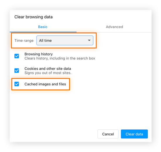 The time range box with All time selected is highlighted, as is the checkbox for Cached images and files and Clear data