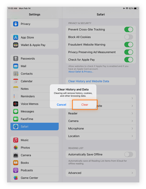 The Safari confirmation screen when the user has decided to clear history and website data on an iPad.