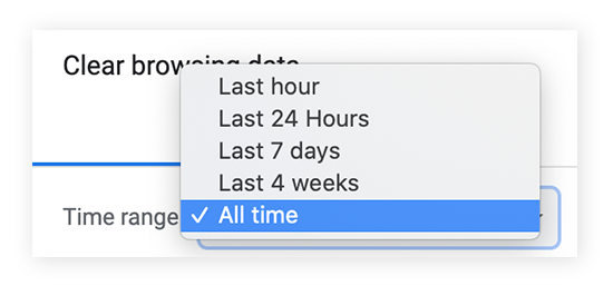 Selecionando a quantidade de tempo que você deseja limpar seu cache. Recomendamos “Todo o período”.
