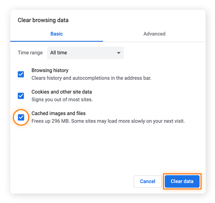 Marque a caixa "imagens e arquivos em cache" e confirme clicando em "limpar dados" para limpar o cache no Google Chrome.