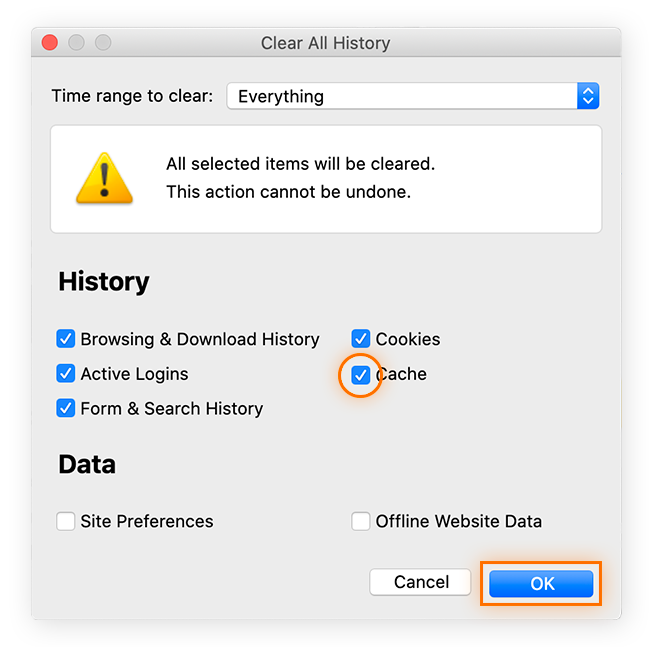 Marque a caixa "cache" e clique em "OK" para limpar o cache no Firefox.
