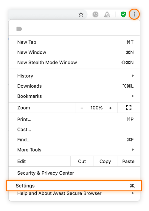  Abrindo as configurações do site no Avast Secure Browser.