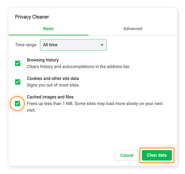 Verifique se a caixa "imagens e arquivos em cache" está marcada e clique em "limpar dados" para excluir o cache no Avast Secure Browser.