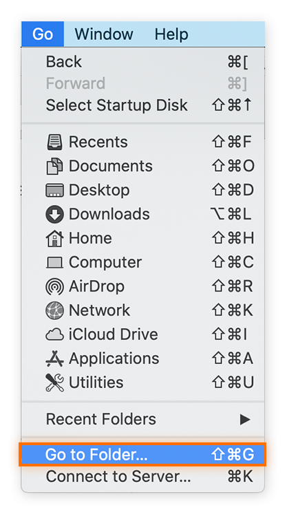 Abrindo o menu Ir no Finder.