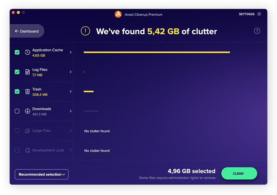 O Avast Cleanup procura caches de aplicativos, arquivos de log e outros arquivos desnecessários para que você possa liberar espaço no Mac.