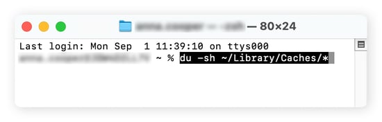 Run du -sh ~/Library/Caches/* command in Terminal, Mac.