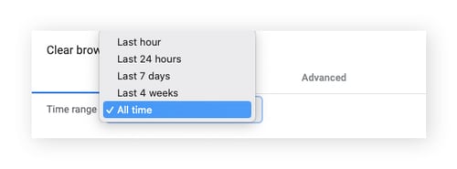 Screenshot to show users how to change cache timeframe data in Chrome.
