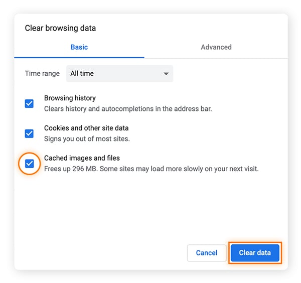 Screenshot to show users how to clear cached images and files in Chrome.