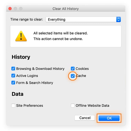 Screenshot to show users how to clear cached images and files in Firefox.