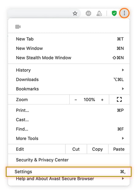 Screenshot to show users how to locate settings in Avast Secure Browser.