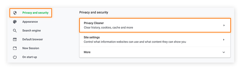 Screenshot to show users how to find browsing data in Avast Secure Browser.